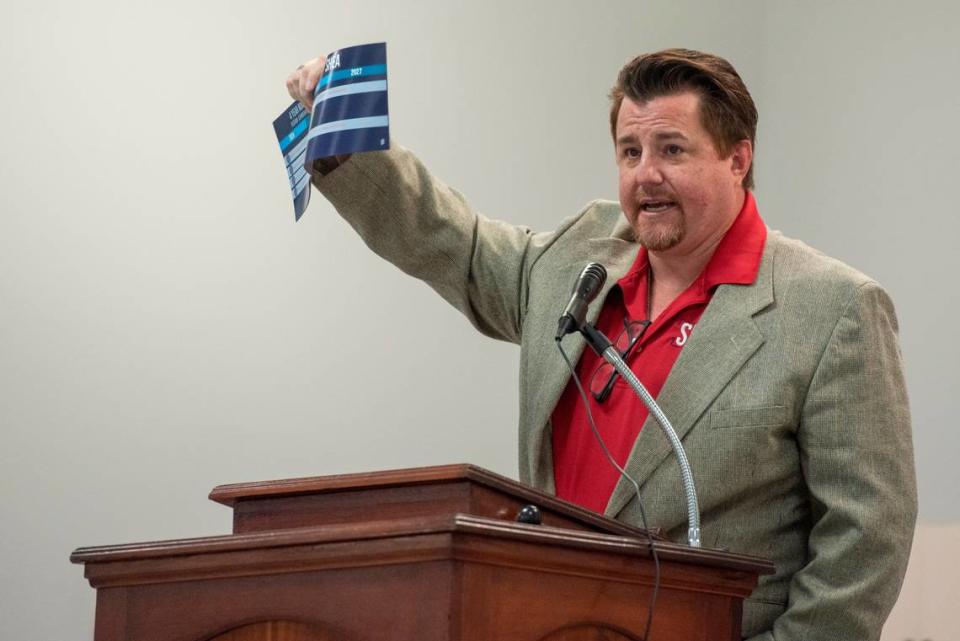 Shea Michael Ladner, a candidate for supervisor district 3 in Hancock County, speaks during an election forum at American Legion in Waveland on Monday, July 10, 2023.