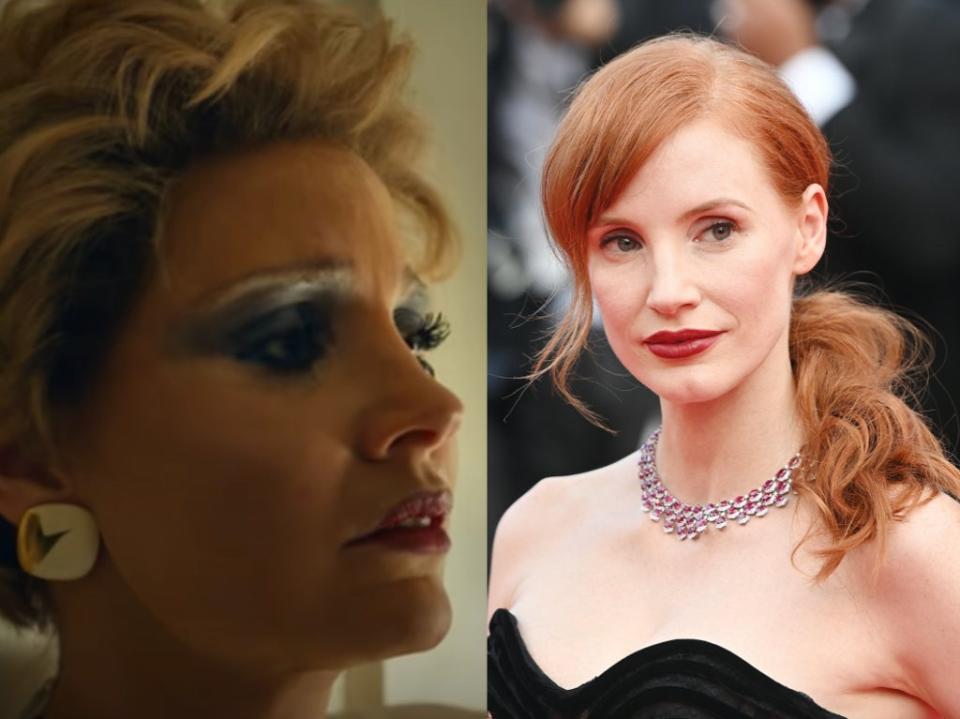 Jessica Chastain has been nominated for her transformation into televangelist Tammy Faye (Left: YouTube/SearchlightPictures &#x002013; Right: Kate Green/Getty Images)