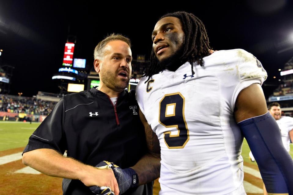 Oct 31, 2015; Philadelphia, PA, USA; Temple Owls head coach Matt Rhule shakes hands with Notre Dame Fighting Irish linebacker Jaylon Smith (9) after a game at Lincoln Financial Field. Notre Dame won 24-20. Mandatory Credit: Derik Hamilton-USA TODAY Sports