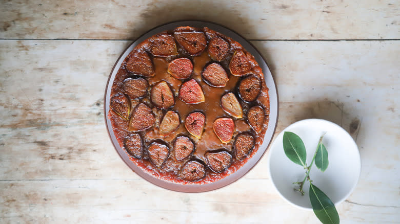 Plate of fig upside-down cake
