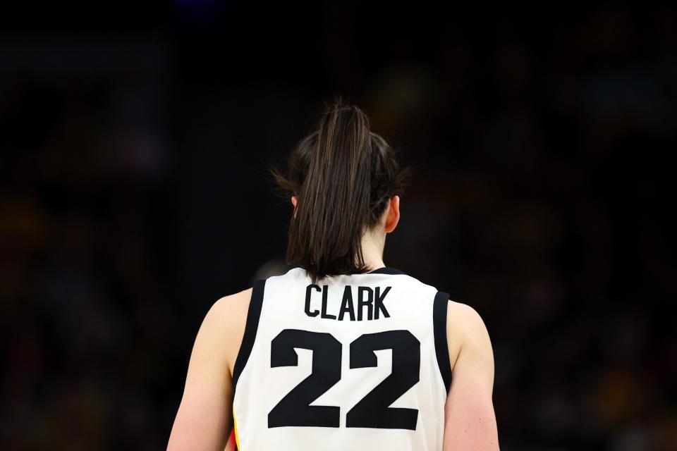 MINNEAPOLIS, MINNESOTA - MARCH 10: A detail of the jersey of Caitlin Clark #22 of the Iowa Hawkeyes in the first half against the Nebraska Cornhuskers during the Big Ten Women's Basketball Tournament Championship at Target Center on March 10, 2024 in Minneapolis, Minnesota. (Photo by Adam Bettcher/Getty Images)