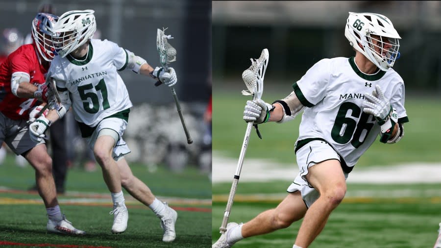 <em>(Photo Courtesy: gojaspers.com) Corning grads Quinn Bowler (#51) and Kelly Dupree (#66) combine for 2 goals and 1 assist in the MAAC Championship, with Manhattan College.</em>