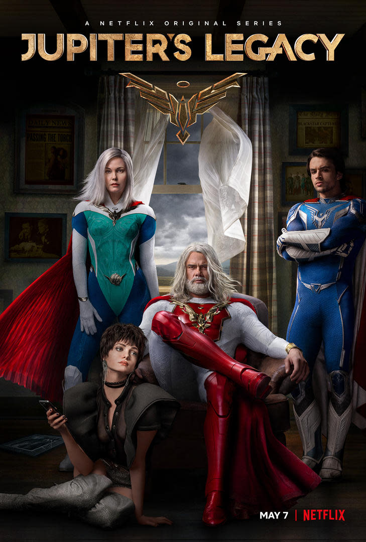 The Sampson family on the poster for Jupiter's Legacy.