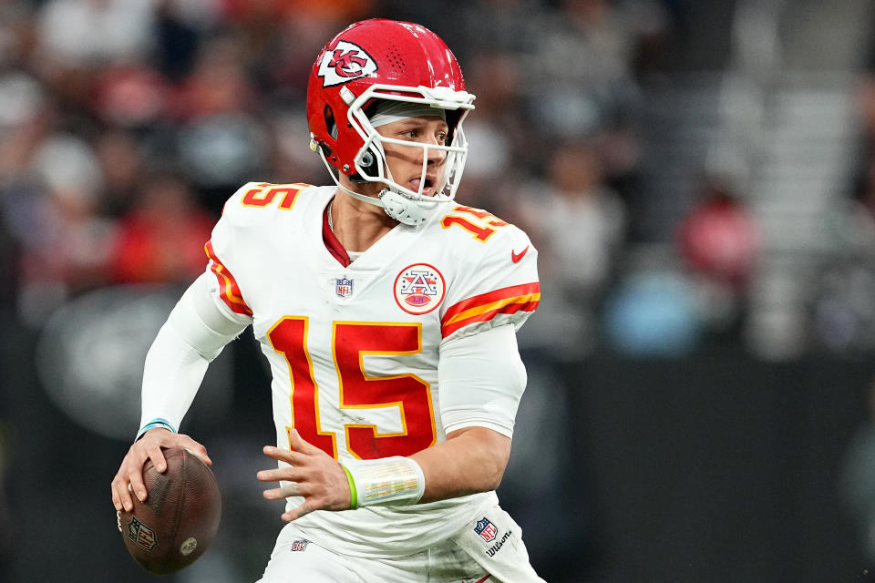 LAS VEGAS, NEVADA - JANUARY 07: Patrick Mahomes #15 of the Kansas City Chiefs looks to pass against the Las Vegas Raiders during the first half of the game at Allegiant Stadium on January 07, 2023 in Las Vegas, Nevada. (Photo by Chris Unger/Getty Images)