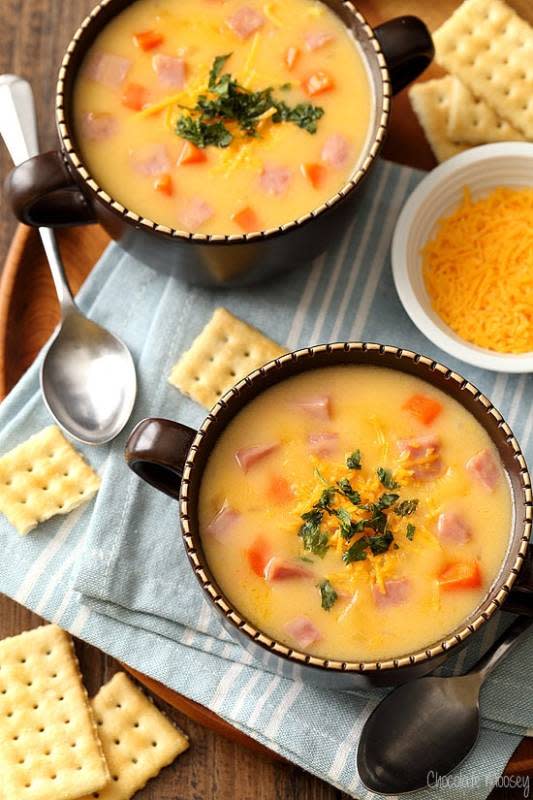 <p>Homemade In The Kitchen</p><p>Turn a good grilled ham and cheese sandwich into a one-pot weeknight dinner.</p><p><strong>Get the recipe: <a href="https://www.chocolatemoosey.com/2015/09/14/ham-and-cheese-soup/" rel="nofollow noopener" target="_blank" data-ylk="slk:Ham and Cheese Soup For Two;elm:context_link;itc:0;sec:content-canvas" class="link rapid-noclick-resp">Ham and Cheese Soup For Two</a></strong></p>
