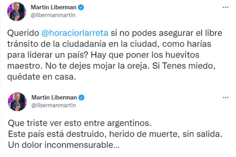 Los tuits de Martin Liberman en medio de los incidentes en Recoleta (Foto: Captura de Twitter)