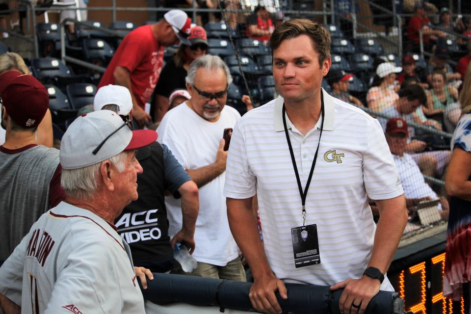 FSU coach Mike Martin with former FSU standout and Georgia Tech hitting coach James Ramsey before the Seminoles' ACC Tournament game agaisnt North Carolina State on May 24, 2019.