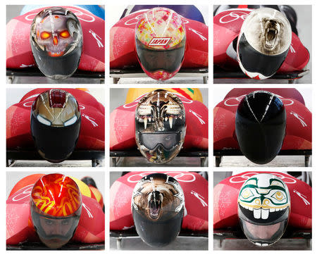 Skeleton Ð Pyeongchang 2018 Winter Olympics Ð MenÕs Competition Ð Olympic Sliding Centre - Pyeongchang, South Korea Ð February 15, 2018 - Combination image shows the helmets of athletes during the heat. Top row (L-R): Joseph Luke Cecchini of Italy, Hiroatsu Takahashi of Japan, Barrett Martineau of Canada; second row (L-R): Yun Sung-bin of South Korea, Akwasi Frimpong of Ghana, Nikita Tregubov, an Olympic athlete from Russia; bottom row (L-R): Ander Mirambell of Spain, Dave Greszczyszyn of Canada and Kevin Boyer of Canada. REUTERS/Edgar Su TPX IMAGES OF THE DAY