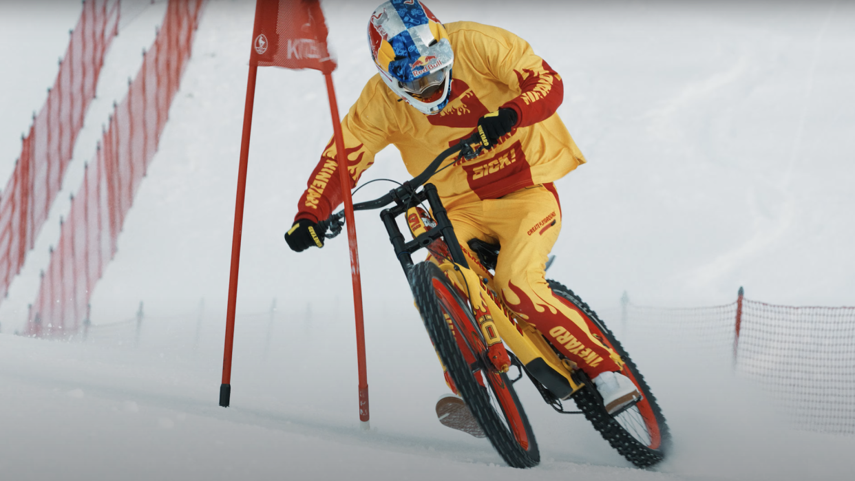  Fabio Wibmer Bikes Down the Streif Ski Race Course. 