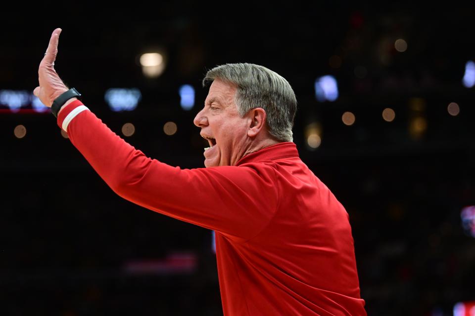 Apr 5, 2024; Cleveland, OH, USA; NC State Wolfpack head coach Wes Moore reacts against the South Carolina Gamecocks in the semifinals of the Final Four of the womens 2024 NCAA Tournament at Rocket Mortgage FieldHouse. Mandatory Credit: Ken Blaze-USA TODAY Sports