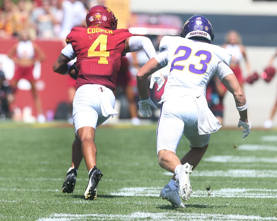 Iowa State safety Jeremiah Cooper, running for a pick-6 against UNI, might return from a lower leg injury on Saturday.