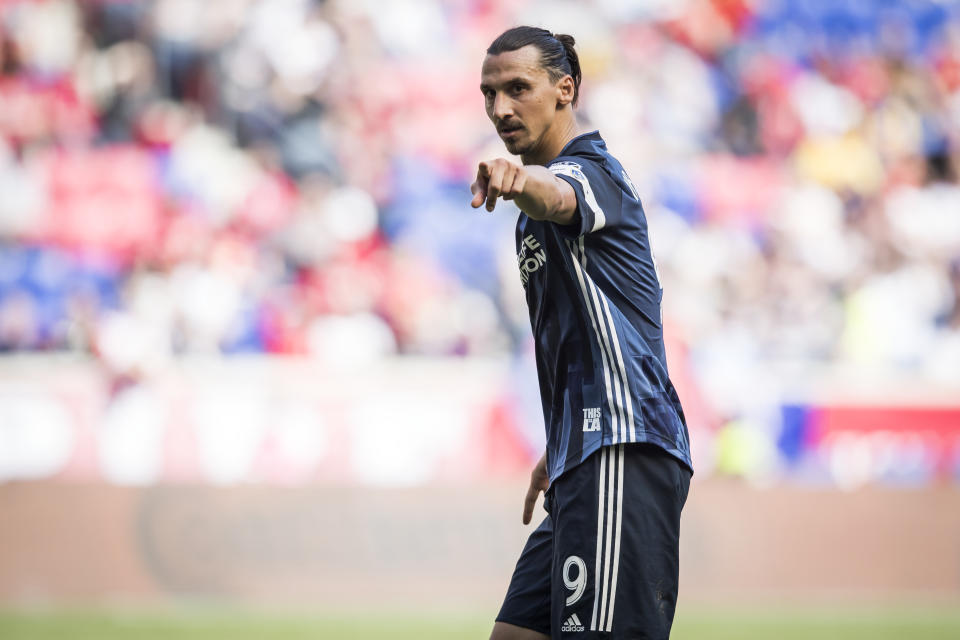 HARRISON, NJ - MAY 04: Zlatan Ibrahimovic #9 of LA Galaxy points during the MLS match between LA Galaxy and New York Red Bulls at Red Bull Arena on May 04 2019 in Harrison, NJ, USA. The Red Bulls won the match with a score of 3 to 2. (Photo by Ira L. Black/Corbis via Getty Images)