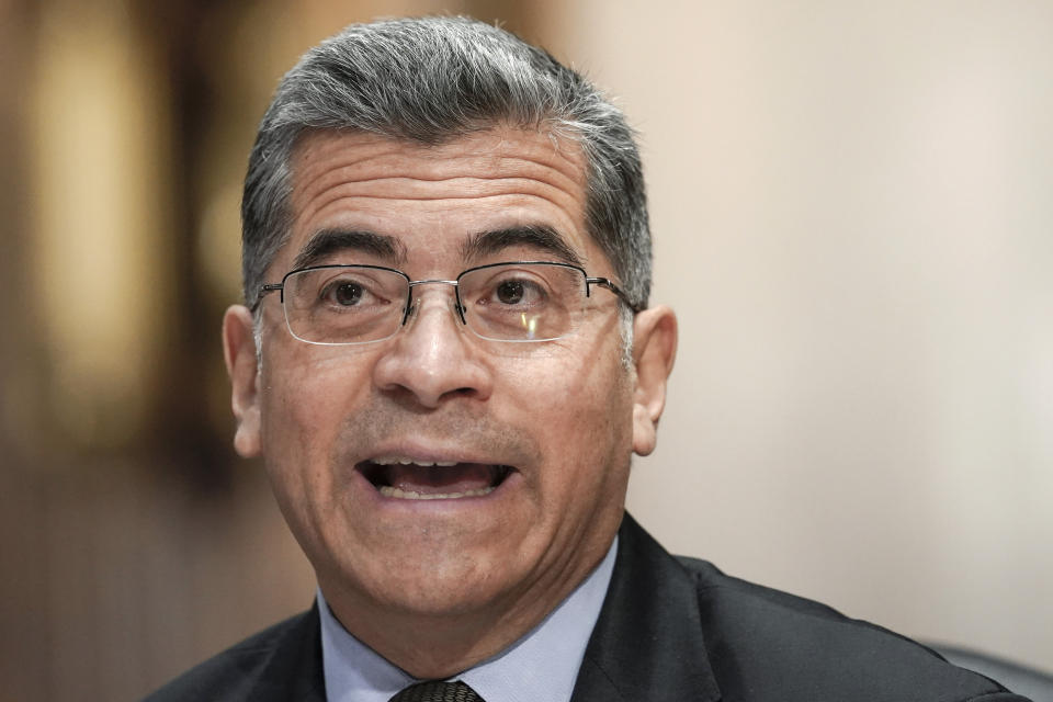 FILE - Health and Human Services Secretary Xavier Becerra testifies during the Senate Finance Committee hearing, March 22, 2023, on Capitol Hill in Washington. On Tuesday, July 4, 2023, a judge prohibited several federal agencies and officials of the Biden administration from working with social media companies about “protected speech.” The order mentions by name several officials, including Becerra, Department of Homeland Security Secretary Alejandro Mayorkas and many others. (AP Photo/Mariam Zuhaib, File)