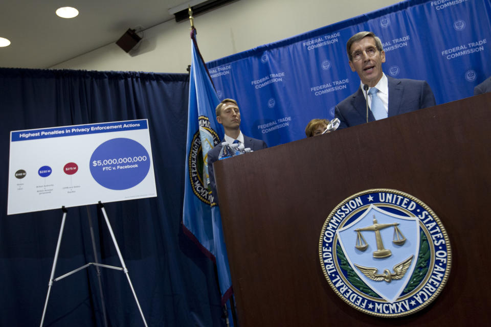 Federal Trade Commission FTC Chairman Joe Simons speaks during a news conference about Facebook settlement at FTC headquarters in Washington, Wednesday, July 24, 2019. (AP Photo/Jose Luis Magana)