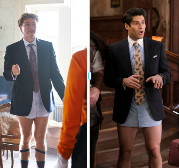 The battle of the pant-less ghosts, Conservative MP Julian Fawcett (Simon Farnaby) in "Ghosts UK" legs it out over American finance bro (Asher Grodman) in "Ghosts." Sorry dude.