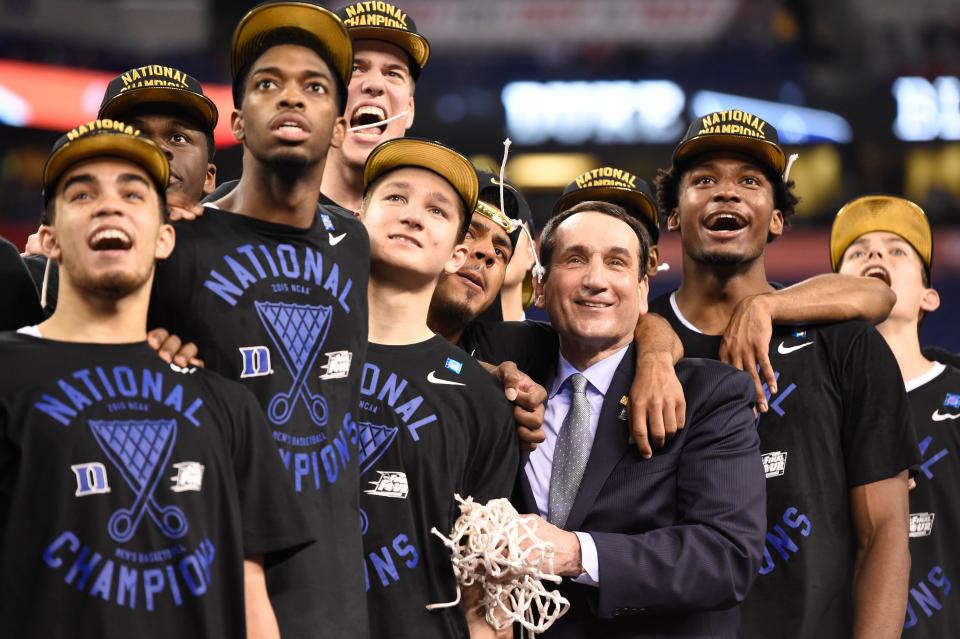 Mike Krzyzewski and the Blue Devils celebrate after defeating the Wisconsin Badgers 68-63 in the 2015 NCAA Men's Division I Championship game.