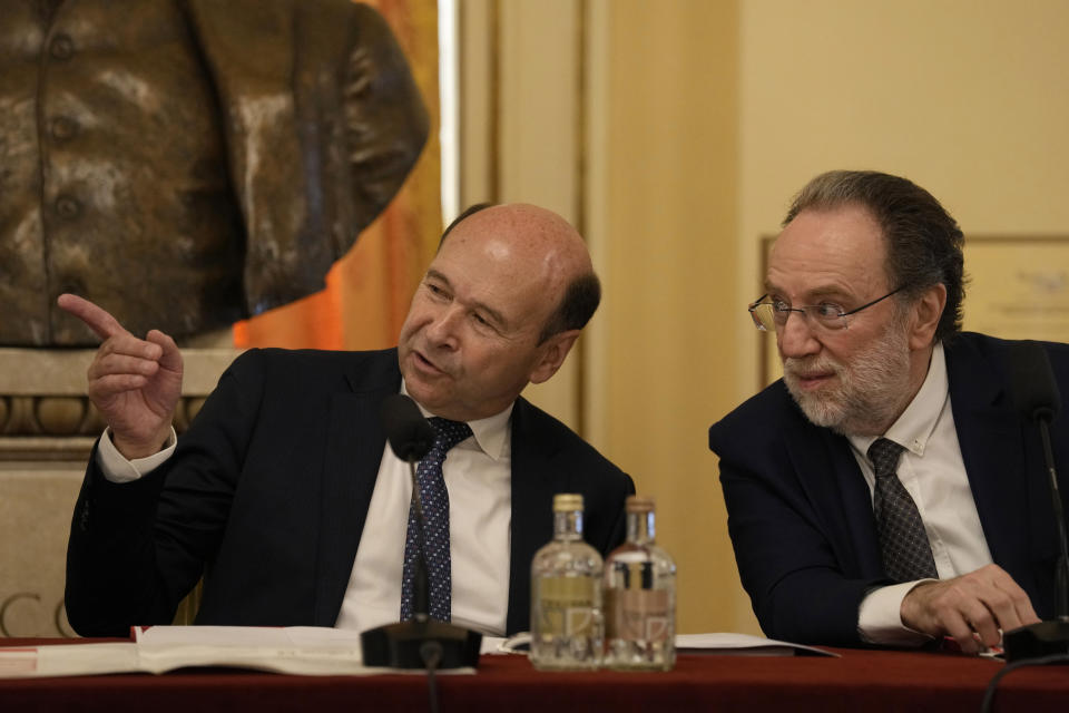 La Scala general manager Dominique Meyer, left, gestures with La Scala director Riccardo Chailly as they attend at a press conference to present the 2023/2024 season, at Milan's La Scala opera house, Italy, Monday, May 29, 2023. (AP Photo/Antonio Calanni)