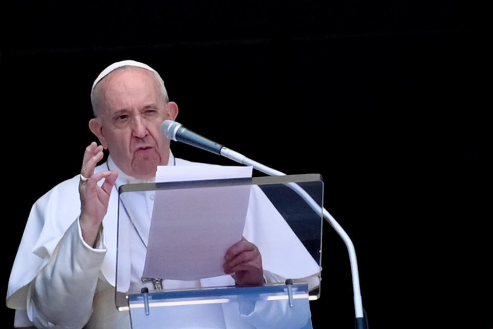 Pope Francis addresses worshipers on June 21, 2020 during the weekly Angelus prayer from a window of the apostolic palace over looking St. Peter's square in the Vatican, as the city-state eases its lockdown aimed at curbing the spread of the COVID-19 infection, caused by the novel coronavirus. (Photo by ANDREAS SOLARO / AFP) (Photo by ANDREAS SOLARO/AFP via Getty Images)