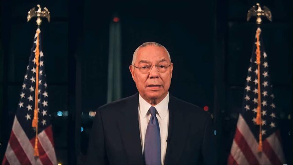 In this image from video made available before the start of the convention, former Secretary of State Colin Powell speaks during the second night of the Democratic National Convention on Tuesday, Aug. 18, 2020.