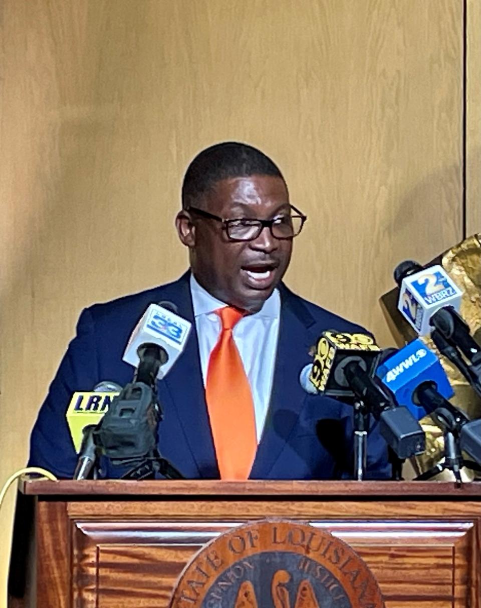 Democrat Shawn Wilson speaks during a press conference at the Louisiana State Archives on Aug. 8, 2023 after qualifying for the 2023 Louisiana governor's race.