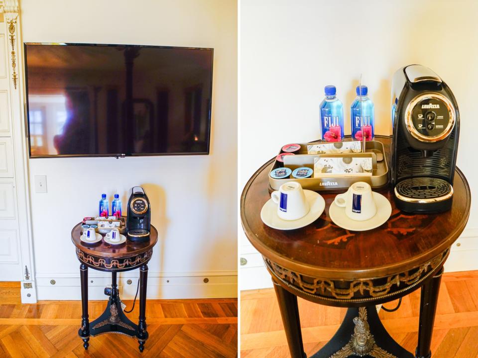 Side by side photos in the versace mansion show the coffee set-up