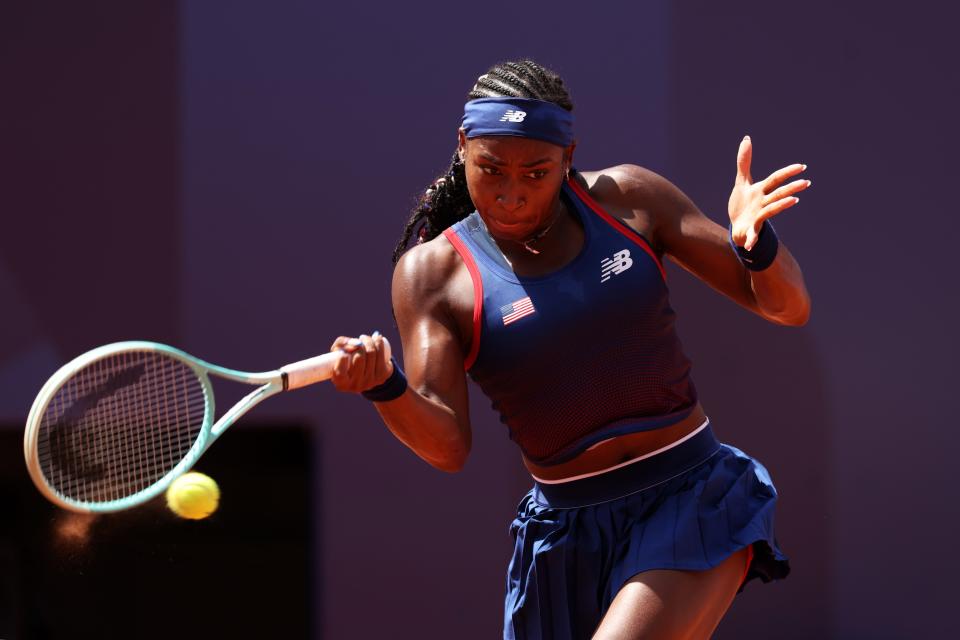 PARIS, FRANCE - JULY 30: Coco Gauff of Team United States plays a forehand against Donna Vekic of Team Croatia during the Women's Singles third round match on day four of the Olympic Games Paris 2024 at Roland Garros on July 30, 2024 in Paris, France. (Photo by Matthew Stockman/Getty Images)