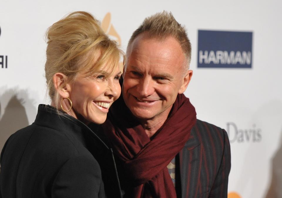 Recording artist Sting, right, and Trudie Styler arrive at the Clive Davis Pre-GRAMMY Gala on Saturday, Feb. 9, 2013 in Beverly Hills, Calif. (Photo by John Shearer/Invision/AP)