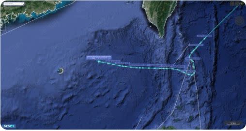 中國北京大學海洋研究院「南海戰略態勢感知計畫」平台（SCS Probing Initiative）24日在推特公佈美軍「阿提米絲」偵察機航跡圖。（圖／翻攝SCS Probing Initiative推特）