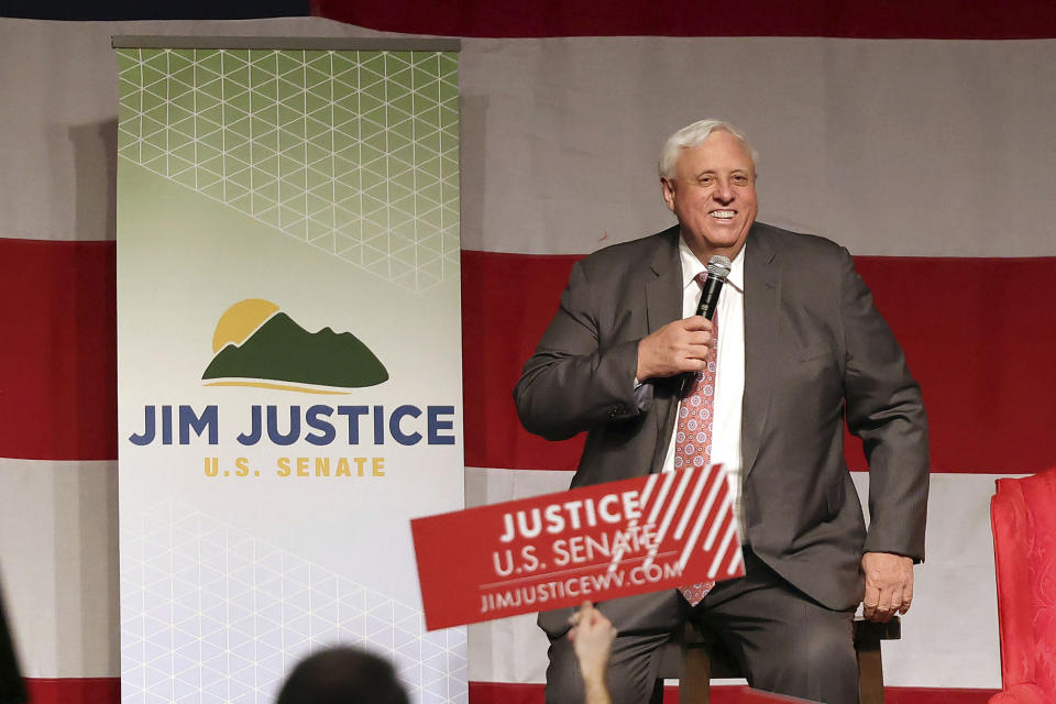 West Virginia Gov. Jim Justice speaks during an announcement for his U.S. Senate campaign, Thursday, April 27, 2023, at The Greenbrier Resort in White Sulphur Springs, W.Va. (AP Photo/Chris Jackson)