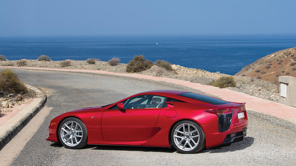 A rear 3/4 view of the Lexus LFA in Pearl Red