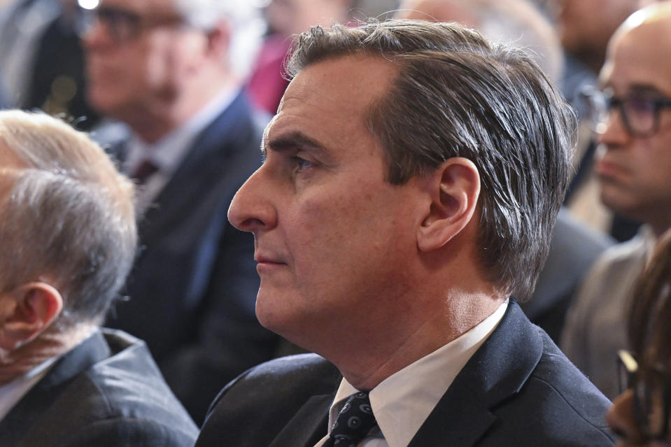 Senator Deputy Majority Leader, Michael Gianaris, D-Astoria, listens to New York Gov. Kathy Hochul present her 2025 executive state budget in the Red Room at the state Capitol Tuesday, Jan. 16, 2024, in Albany, N.Y. (AP Photo/Hans Pennink)