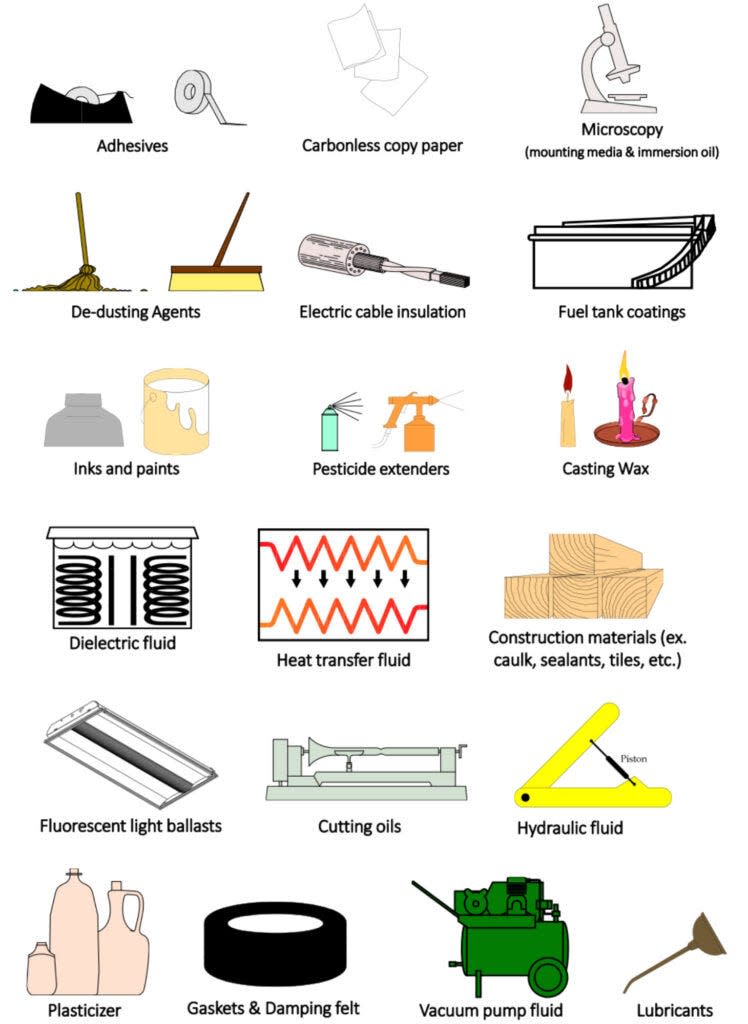 A graphic by the U.S. Environmental Protection Agency shows some of the products PCBs were historically used in.