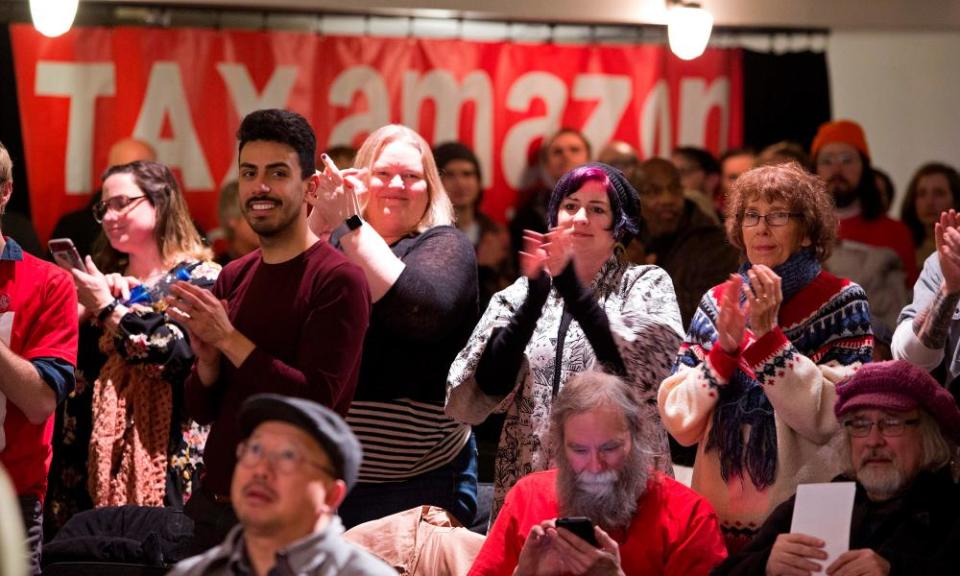 Supporters at the inauguration of the ‘Tax Amazon 2020 Kickoff’ event.