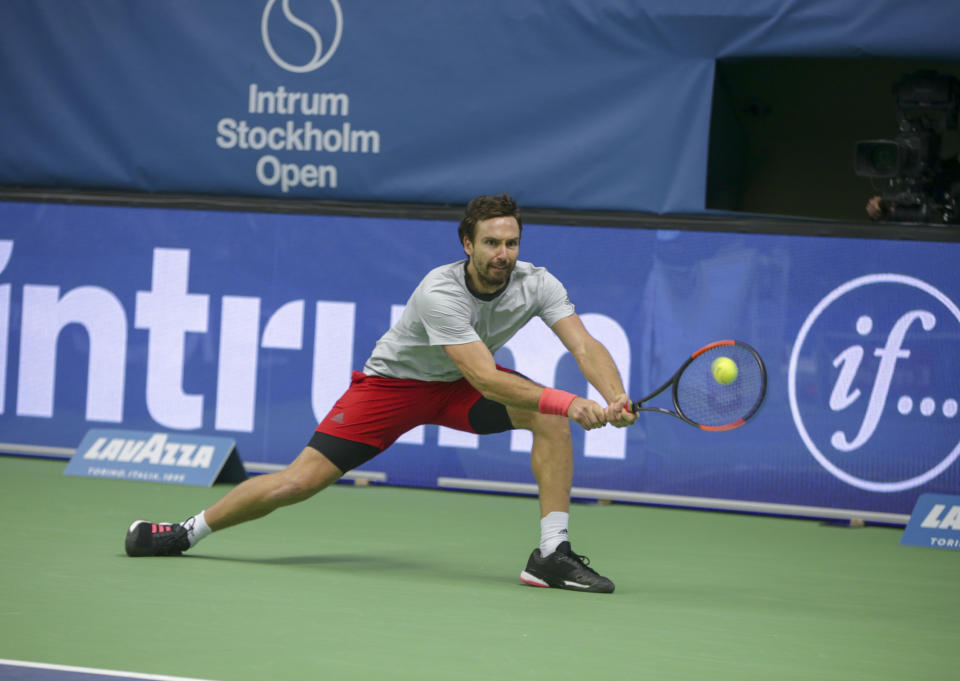 Latvia's Ernests Gulbis during his ATP Stockholm Open tennis tournament men's single final against Greece's Stefanos Tsitsipas at the Royal Tennis Hall, in Stockholm, Sweden, Sunday, Oct. 21, 2018. (Soren Andersson/TT News Agency via AP)