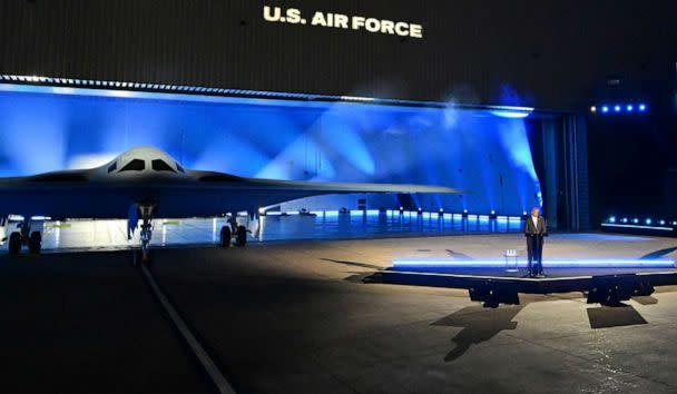 US Secretary of Defense Lloyd Austin speaks at the B-21 Raider unveiling ceremony at Northrop Grumman's Air Force Plant 42 in Palmdale, California, December 2, 2022.  (Frederic J. Brown/AFP via Getty Images)