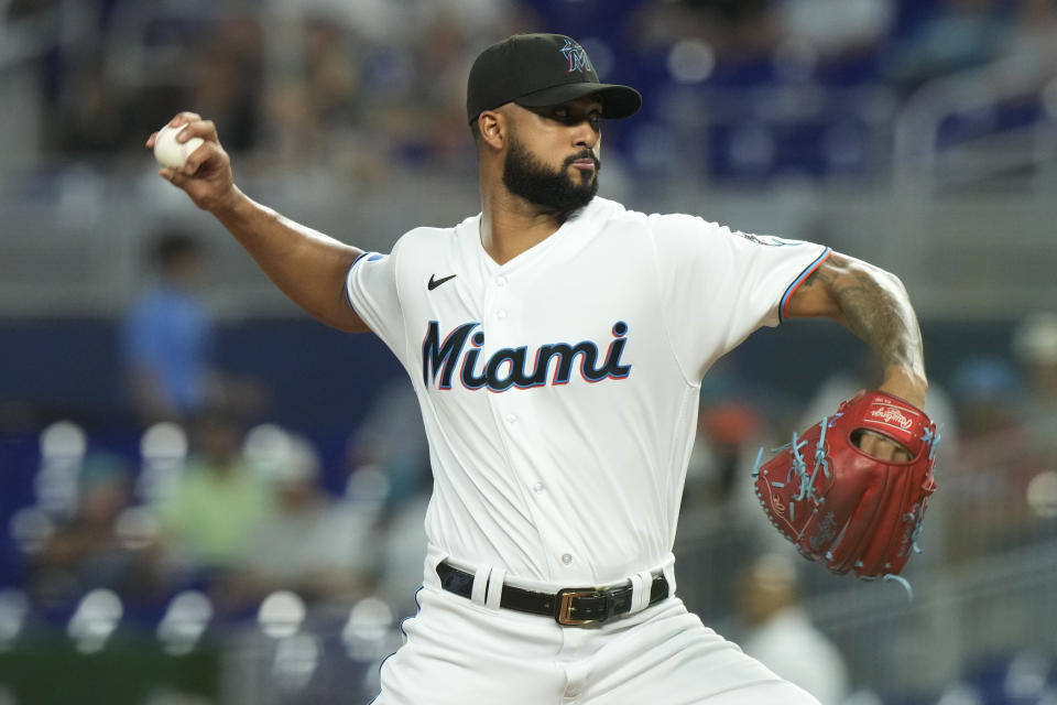 Miami Marlins starting pitcher Sandy Alcantara aims a pitch during the first inning of a baseball game against the Philadelphia Phillies, Tuesday, Aug. 1, 2023, in Miami. (AP Photo/Marta Lavandier)