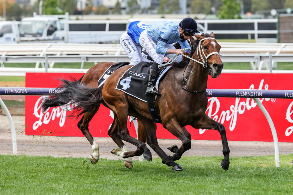 Pictured here, Great House ridden by James McDonald wins the Lexus Hotham Stakes at Flemington.