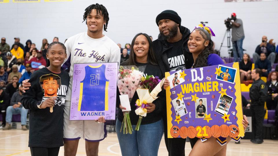 Camden's DJ Wagner is joined by members of his family including his father Dajuan Wagner as DJ Wagner is honored during Camden's Senior Night ceremony that took place prior to the boys basketball game between Camden and Bishop Eustace at Camden High School on Thursday, February 9, 2023.   DJ Wagner scored his 2,000th career point as Camden defeated Bishop Eustace, 90-52.