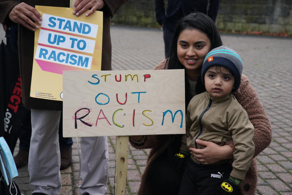 People take part in a protest outside Yorkshire County Cricket Club's Headingley Stadium in Leeds, in support of former county player Azeem Rafiq, after he spoke out about the racism and bullying he suffered over two spells at Yorkshire. Picture date: Saturday November 6, 2021.