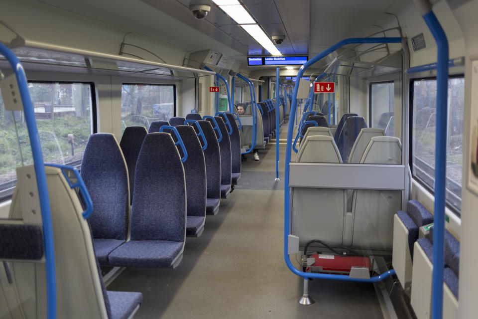 As the Coronavirus pandemic spreads across the UK, businesses and entertainment venues not already closed with the threat of job losses, struggle to stay open with growing rumours of a lockdown and travel restrictions around the capital. Londoners start to work from home lead to empty train carriage seats, on 19th March 2020, in London, England. (Photo by Richard Baker / In Pictures via Getty Images)