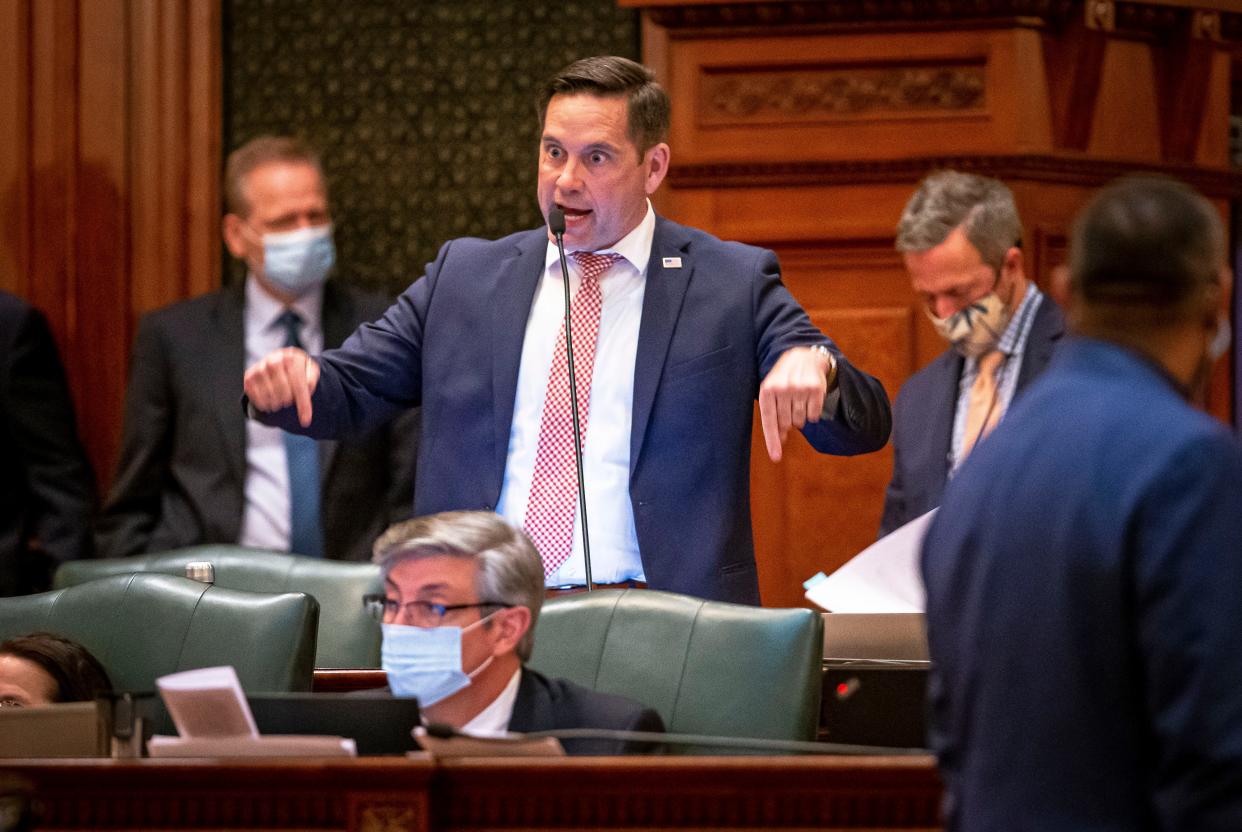 Illinois state Rep. Tim Butler, R-Springfield, makes the case that Senate Bill 539, a bill dealing with ethics, does not go far enough during debate on the floor of the Illinois House of Representatives on the last day of session at the state Capitol on May 31, 2021. [Justin L. Fowler/The State Journal-Register]