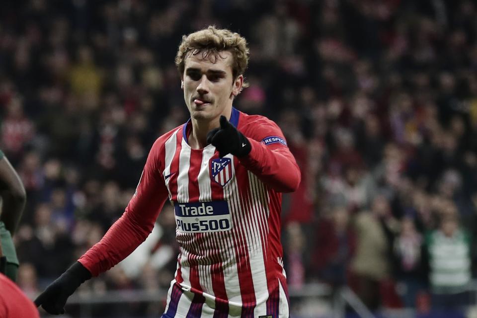 Atletico forward Antoine Griezmann after scoring his side's second goal during a Group A Champions League soccer match between Atletico Madrid and Monaco at the Metropolitano stadium in Madrid, Wednesday, Nov. 28, 2018. (AP Photo/Manu Fernandez)