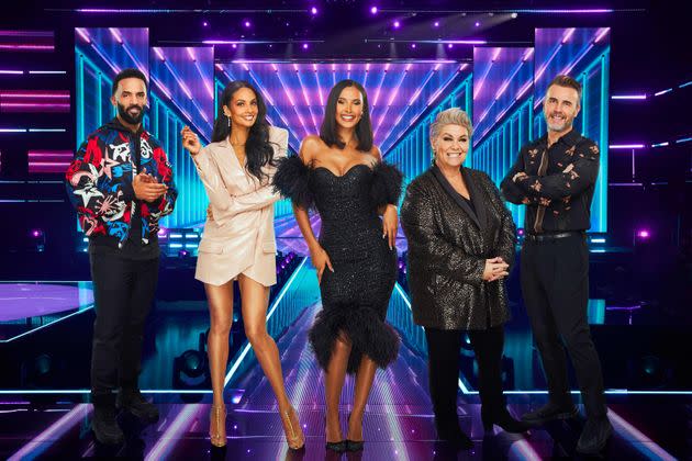 Maya with Walk The Line judges Craig David, Alesha Dixon, Dawn French and Gary Barlow