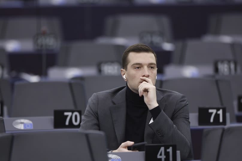 Le président du Rassemblement national, Jordan Bardella, au Parlement européen, mardi 16 janvier 2024 à Strasbourg.