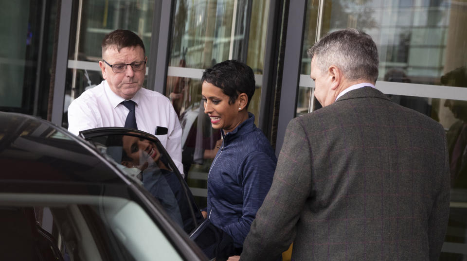 Naga Munchetty leaves MediaCityUK in Salford after hosting BBC Breakfast for the first time since she was at the centre of an impartiality row over her criticism of Donald Trump. (Photo by Peter Byrne/PA Images via Getty Images)