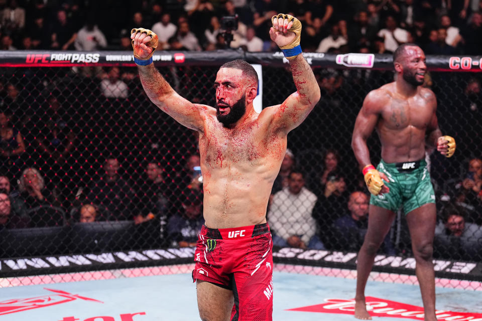 MANCHESTER, ENGLAND – JULY 27: Belal Muhammad reacts after his UFC welterweight title fight against Leon Edwards of Jamaica during the UFC 304 event at Co-op Live on July 27, 2024 in Manchester, England.  (Photo by Chris Unger/Zuffa LLC via Getty Images)