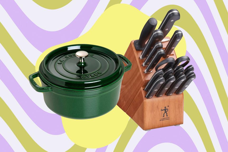 a photo of the Staub Cast Iron Round Cocottes and Henckels Classic Knife Block set