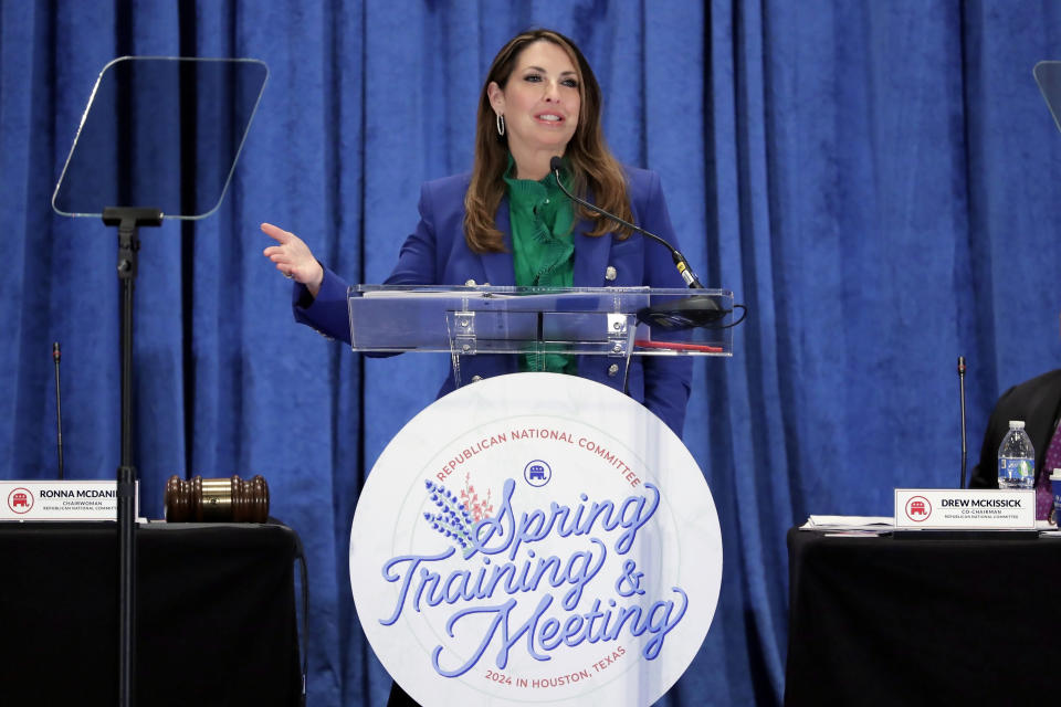 Ronna McDaniel, the outgoing Republican National Committee chairwoman, gives her last speech in the position at the general session of the RNC Spring Meeting Friday, March 8, 2024, in Houston. McDaniel is succeeded by Michael Whatley, who won by unanimous voice vote. (AP Photo/Michael Wyke)