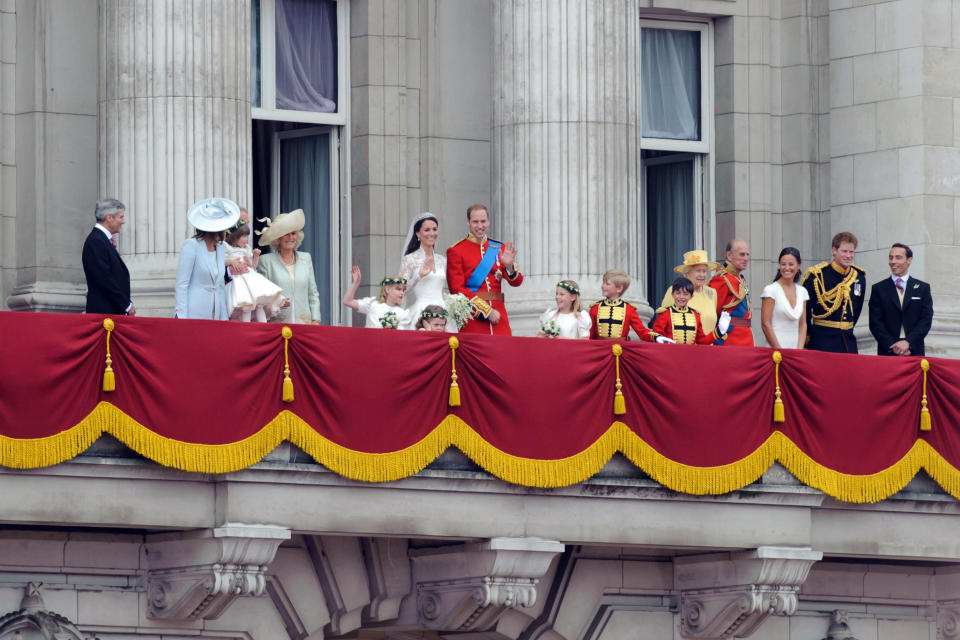 <p>The Queen, fifth right, joins the Duke and Duchess of Cambridge at Buckingham Palace, along with other members of the wedding party, on the day of their marriage. (PA)</p> 
