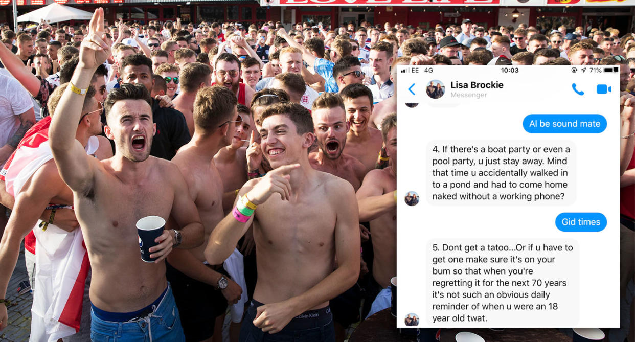 Revellers in Magaluf; the concerned mother's text (inset). [Photo: Getty/Twitter]